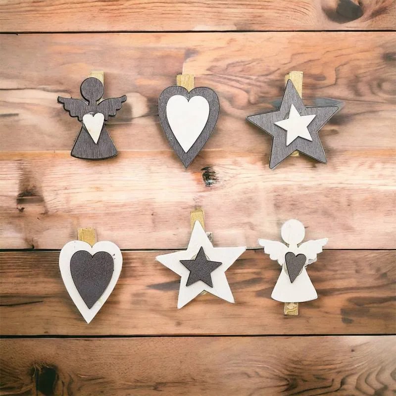 DECOLED Dřevěné dekorační kolíčky, anděl, hvězda, srdce, 6ks/bal.