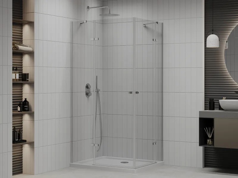Mexen Roma Duo, sprchovací kút 90 (dvere) x 80 (dvere) cm, 6mm číre sklo, chrómový profil + slim sprchová vanička 5cm biela + chrómový sifón, 854-090-080-01-02-4010