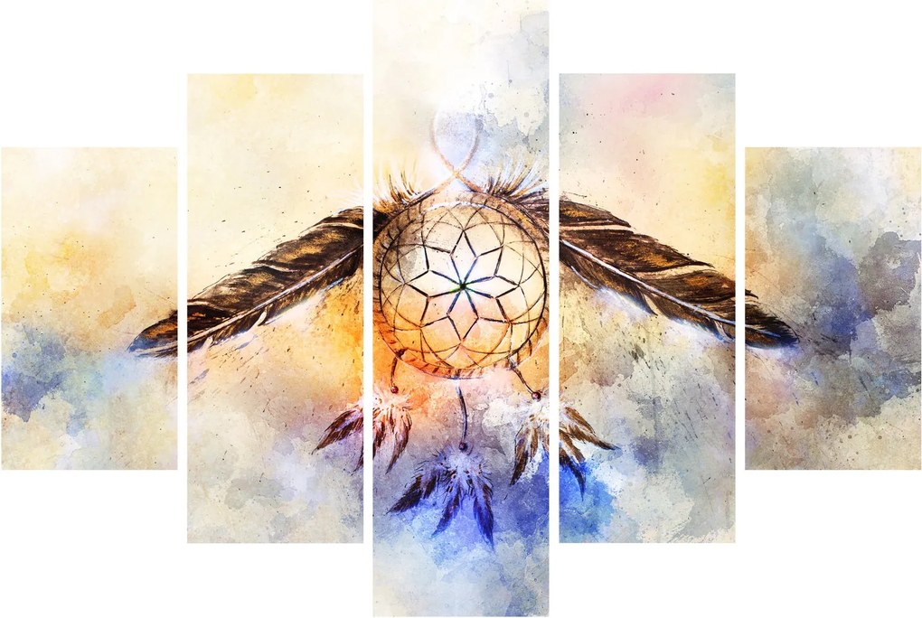 Obraz - Lapač snov s pierkami (150x105 cm)