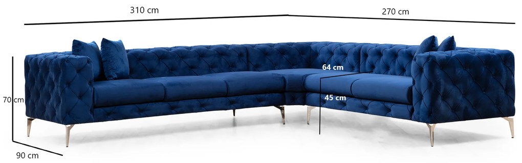 Luxusná rohová pohovka Como 270 x 310 cm, pravá, námornícka modrá