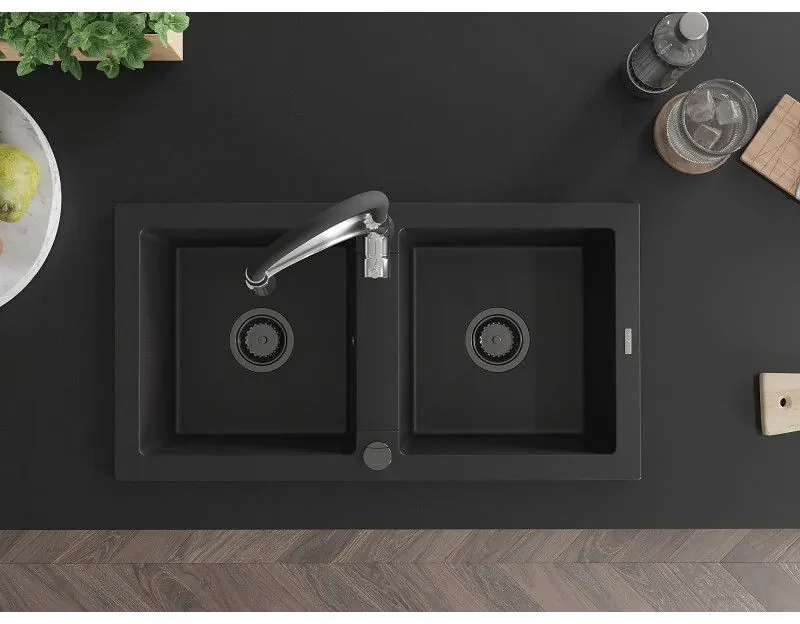 Mexen Mario, granitový drez 820x436x161 mm, 2-komorový a drezová batéria Aster, čierna, 6504-77-73450-07-B