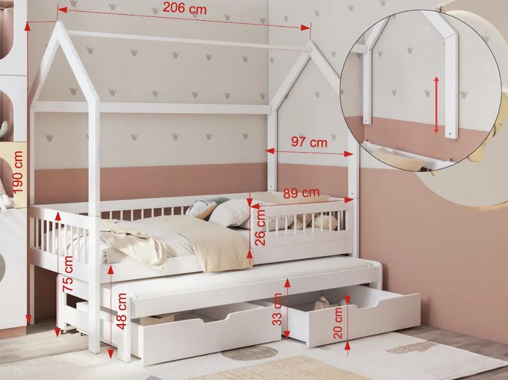 Detská domčeková posteľ z masívu borovice ASHER II so šuplíkmi a prístelkou - 200x90 cm - biela