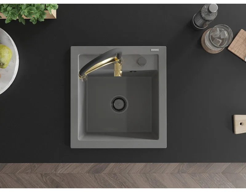 Mexen Vito, 1-komorový granitový drez 490x520x210 mm a drezová batéria Aster, šedá, 6503-71-73450-57-B