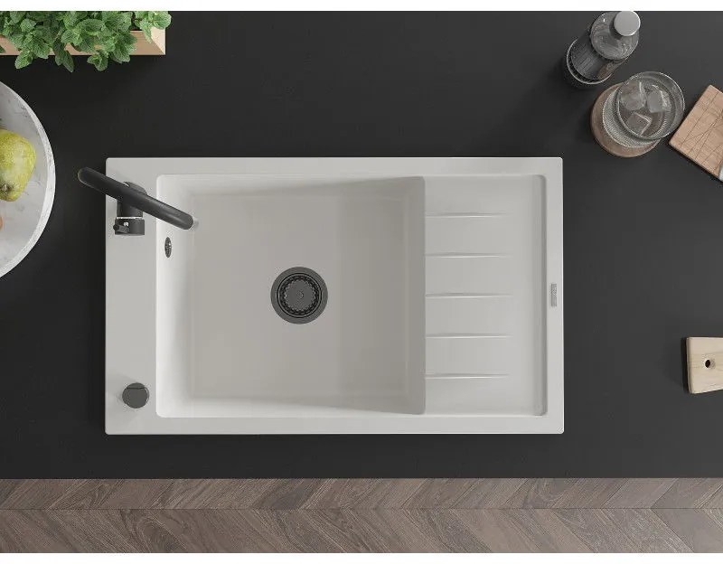 Mexen Elias, granitový drez granitový 795x480x200 mm, 1-komorový, biela s čiernym sifónom, 6511791005-20-B