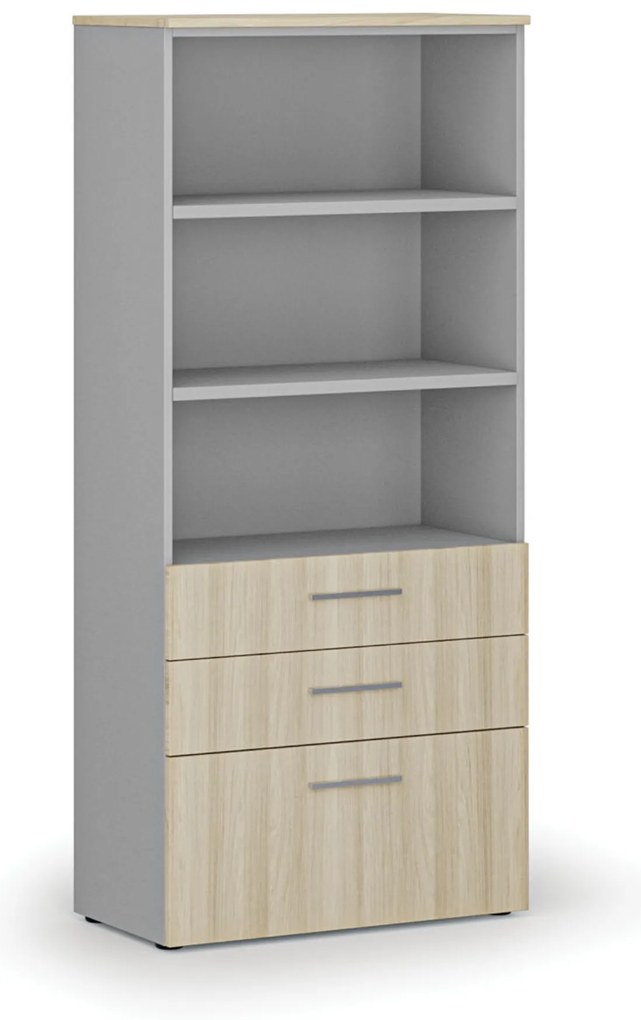 Kancelárska skriňa s kombinovanými zásuvkami PRIMO GRAY, 800 x 420 x 1781 mm, sivá/dub prírodná
