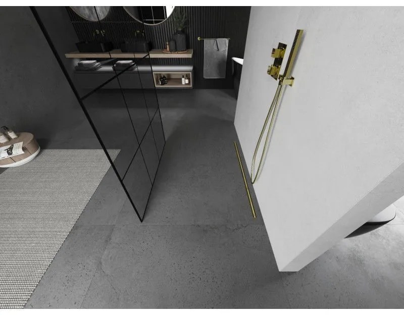 Mexen Kioto, sprchová zástena Walk-In 110 x 200 cm, 8mm sklo čierny vzor, zlatý matný profil, 800-110-002-55-77