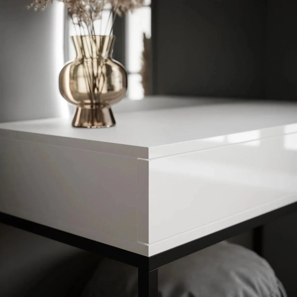 TOALETNÝ STOLÍK EMELINE BIELY VYSOKÝ LESK + ČIERNY PODSTAVEC + ZRKADLO + LED