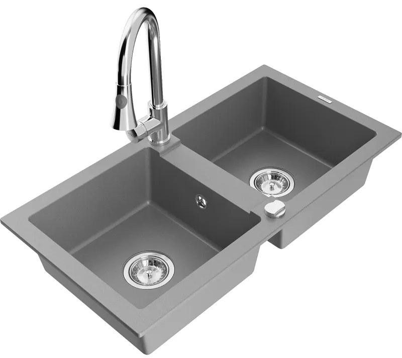Mexen Mario, 2-komorový granitový drez 820x436x161 mm a drezová batéria Elia, šedá, 6504-71-670101-00