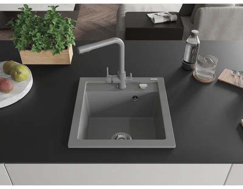 Mexen Vito, 1-komorový granitový drez 520x490x210 mm, šedá batéria Duero, šedá, 6503-71-671600-71