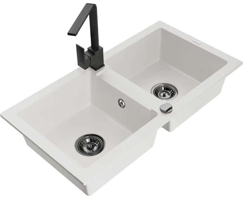 Mexen Mario, granitový drez 820x436x161 mm, 2-komorový, biela s čiernym sifónom a čierna drezová batéria Rita, 6504-20-670300-70