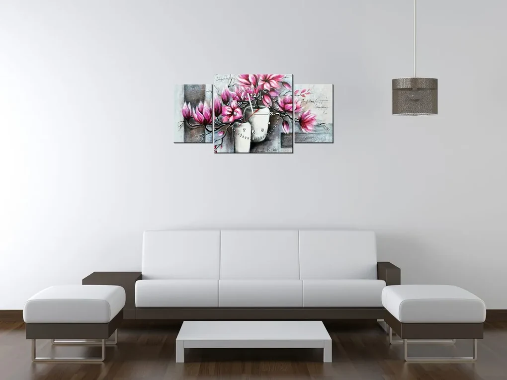 Gario Obraz s hodinami Ružové magnólie vo váze - 3 dielny Rozmery: 90 x 70 cm