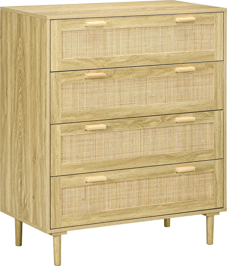 HOMCOM 4-šuplíková komoda s ratanovou prednou časťou v boho štýle, svetlé drevo, 90L x 45W x 108.5H cm | Aosom