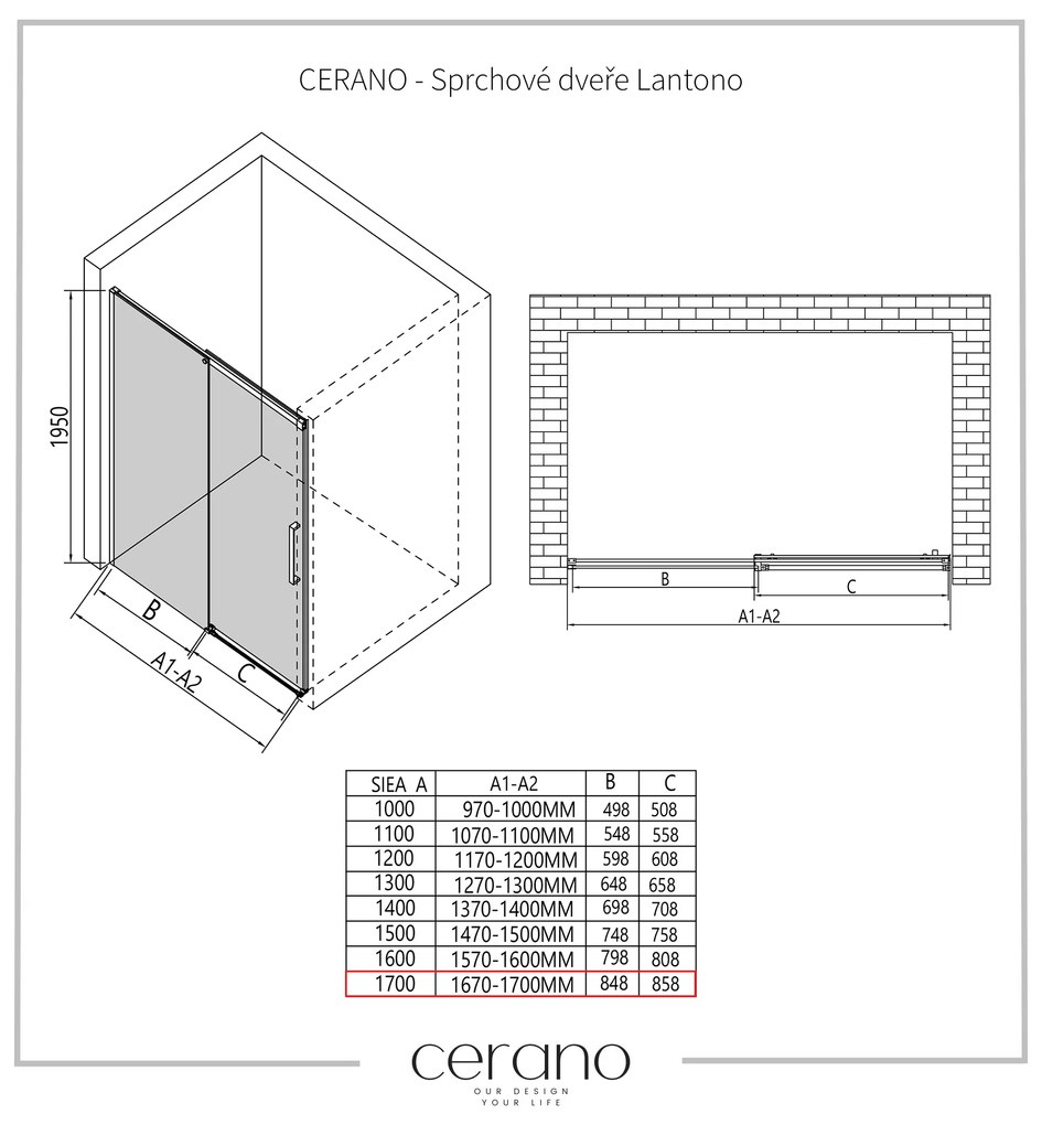 CERANO - Sprchové posuvné dvere Lantono L/P - 8 mm - čierna matná, grafitové sklo - 170x195 cm, CER-CER-8050BD7242