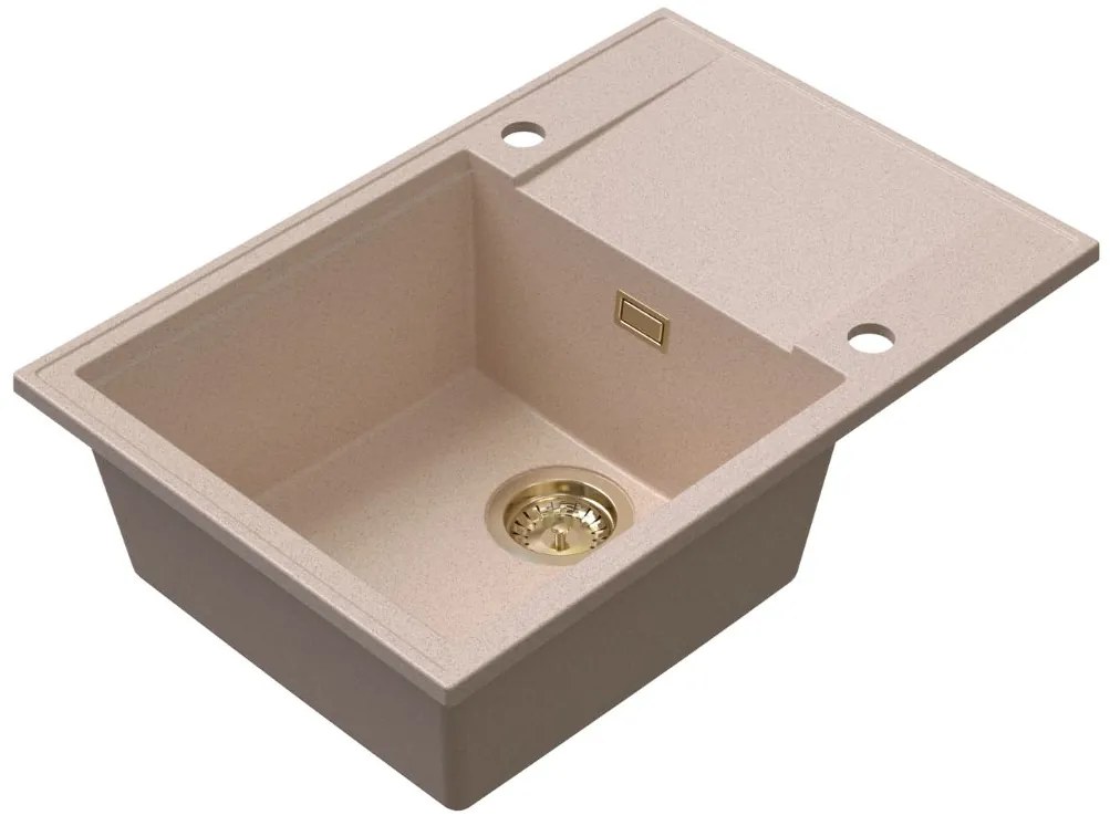 Sink Quality Sink55, kuchynský granitový drez 680x460x215 mm + zlatý sifón, béžová, SKQ-SINK.P.1KDO.XG