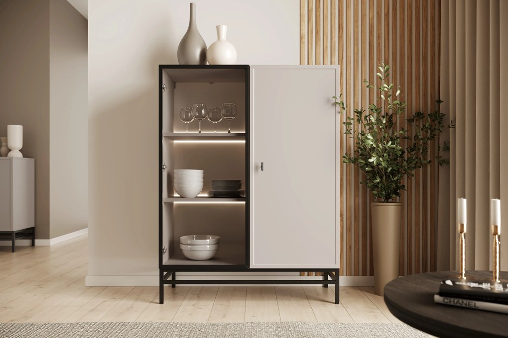 Vitrína Lorini 100 cm dvojdverová na podstavci - kašmír / čierna T-bar úchytka / podstavec