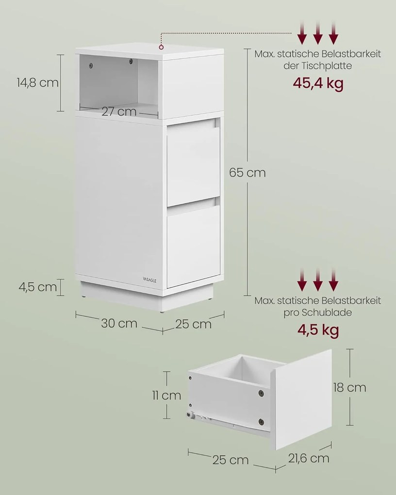 Sada 2 ks úzkych nočných stolíkov s 2 zásuvkami, 30 x 25 x 65 cm, biele
