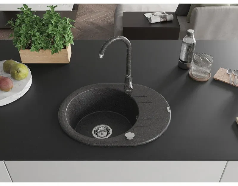 Mexen Kevin, drez granitový 586x458x190 mm, 1-komorový a čierna matná škvrnitá batéria Telma, čierna škvrnitá, 6517-76-670200-76