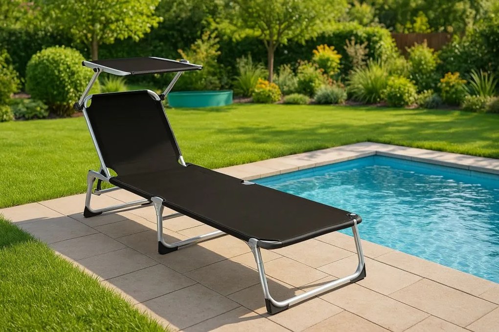 Garthen 61123 Záhradné skladacie ležadlo so strieškou - čierne