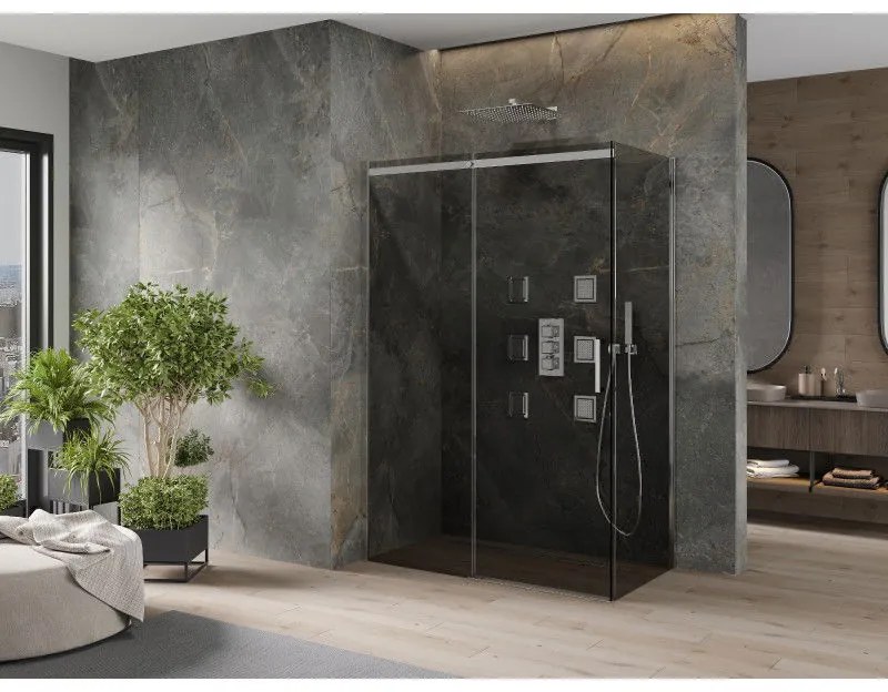 Mexen Omega, sprchovací kút s posuvnými dverami 160 (dvere) x 80 (stena) cm, 8mm sklo, chrómový profil-šedé sklo, 825-160-080-01-40