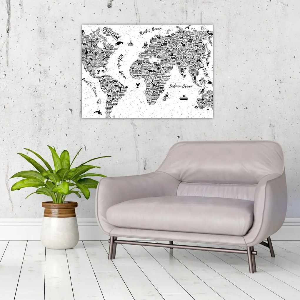 Sklenený obraz - Mapa z piktogramov (70x50 cm)