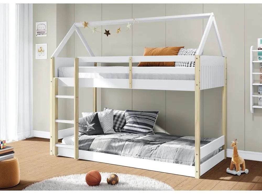 Domčeková poschodová detská posteľ v bielo-prírodnej farbe 90x190 cm Valka – Marckeric