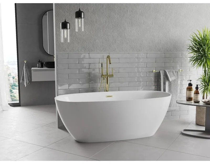 Mexen Luvo Slim, voľne stojaca vaňa 170 × 75 cm, biela lesklá, zlatý matný prepad, 52801707500-55