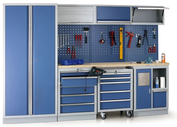 Zásuvkový dielenský box k pracovnej doske EXPERT, 4 zásuvky, 680 x 455 x 910 mm, modrá