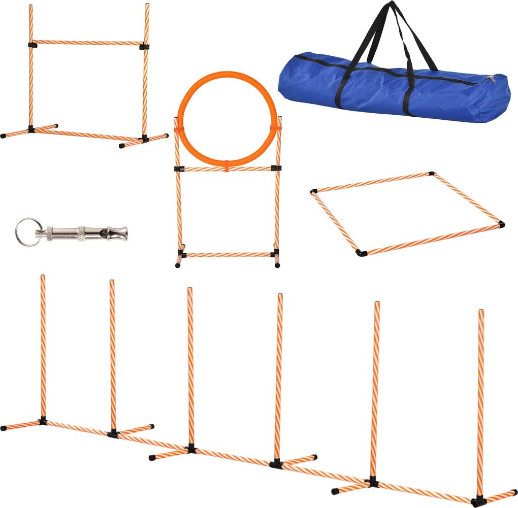 PawHut 4-dielna súprava na agility pre psov - Agility hra pre psov so slalomovými tyčami, odpočinkovou zónou, plotom a oranžovým skokovým kruhom | Aos