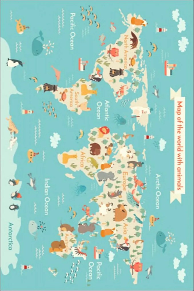 Detský koberček Mapa zvieracieho sveta 80x150 cm modrý