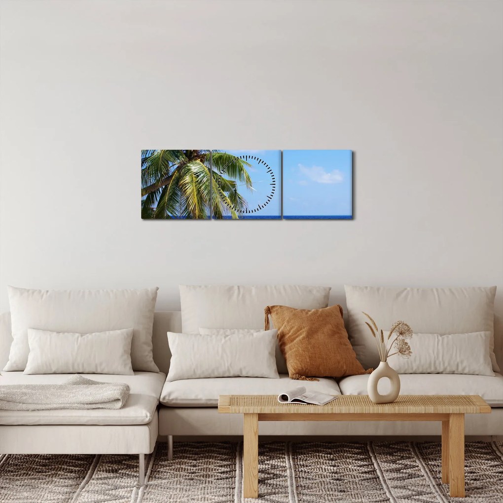 Obraz palmy na pláži (s hodinami) (90x30 cm)