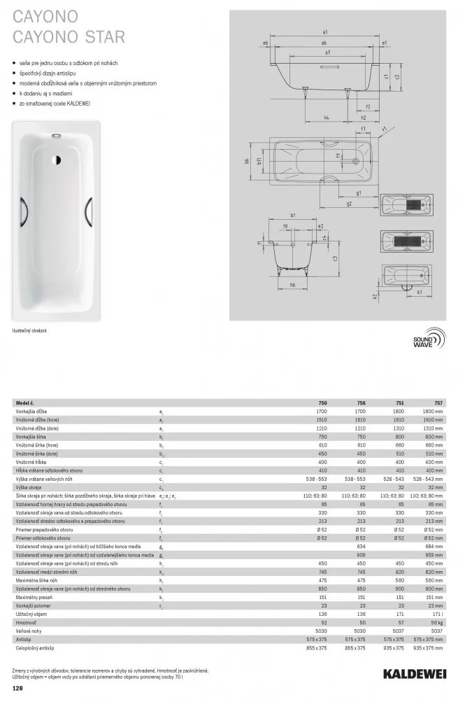 Kaldewei Cayono - Vaňa 1700x750 mm, Perl-effekt, alpská biela 275000013001