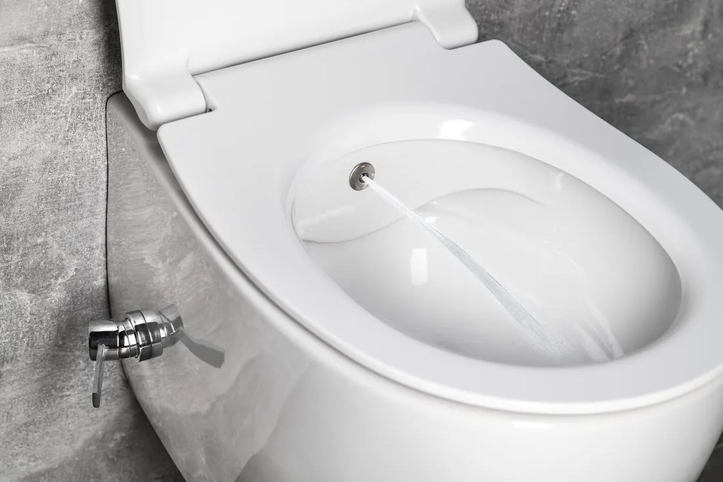 Isvea Isvea, SENTIMENTI CLEANWASH závesná WC misa, integrovaný ventil a bidetová spŕška, Rimless, 36x51cm, biela, 10ARS1101I