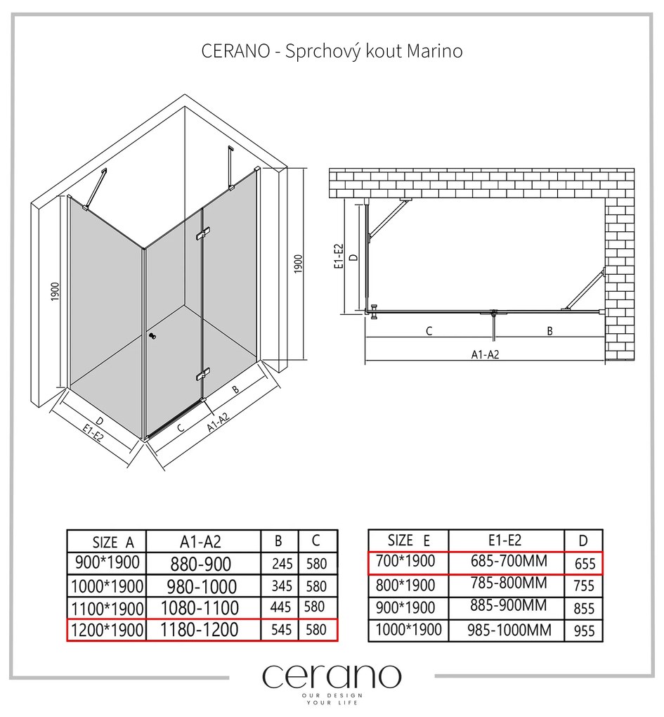 Cerano Marino, sprchovací kút 120(dvere) x 70(stena) x 190 cm, 6mm číre sklo, chrómový profil, CER-CER-422832