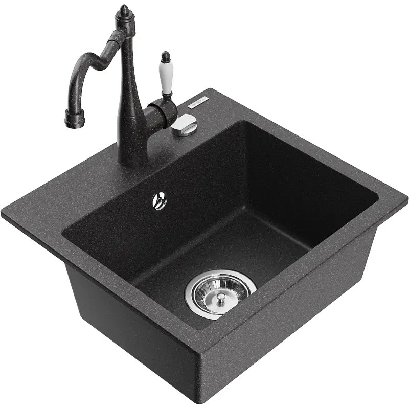 Mexen Milo, granitový drez 435x410x171 mm, 1-komorový a drezová batéria Carla, čierna škvrnitá, 6505-76-670700-76