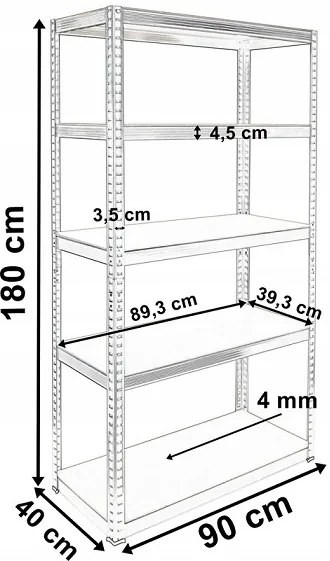 JAKS KOVOVÝ BEZSKRUTKOVÝ REGÁL POZINK 180x90x40 CM, NOSNOSŤ 875 kg