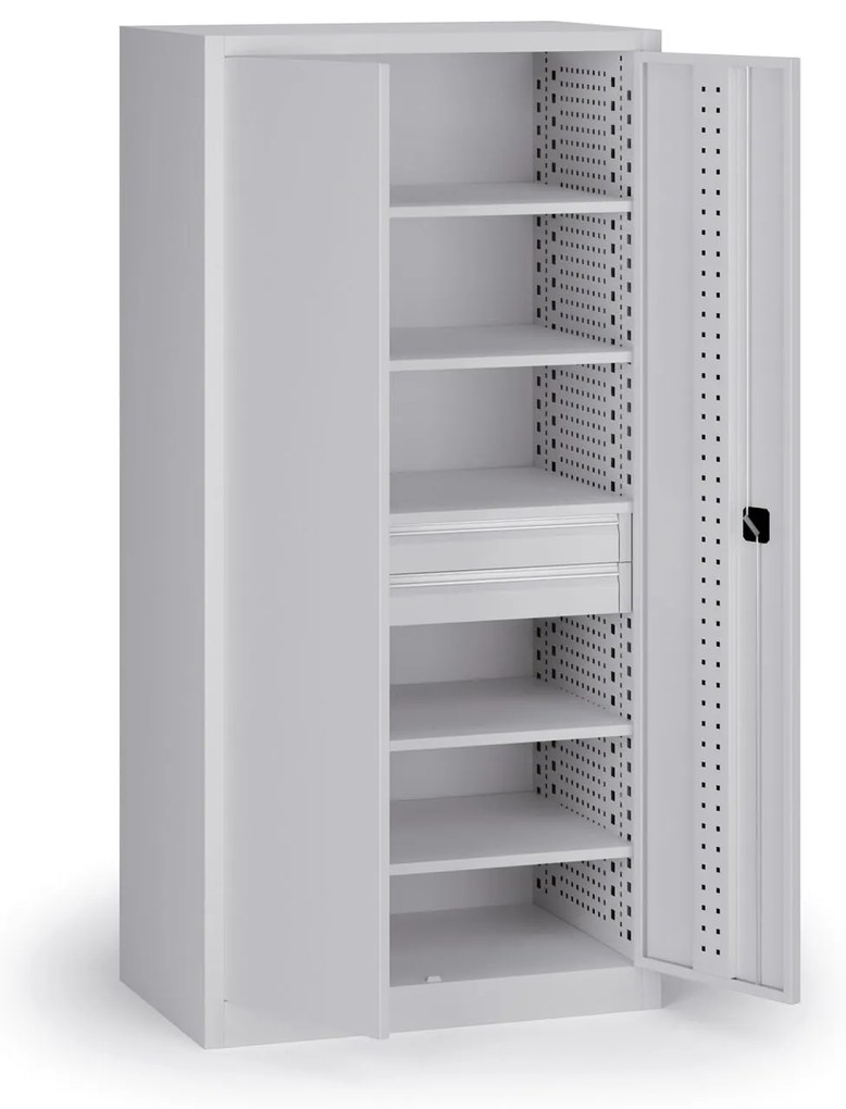 Policová dielenská skriňa na náradie KOVOS, perforovaný panel, 5 polic, 2 zásuvky, 950 x 600 x 1950 mm, sivá