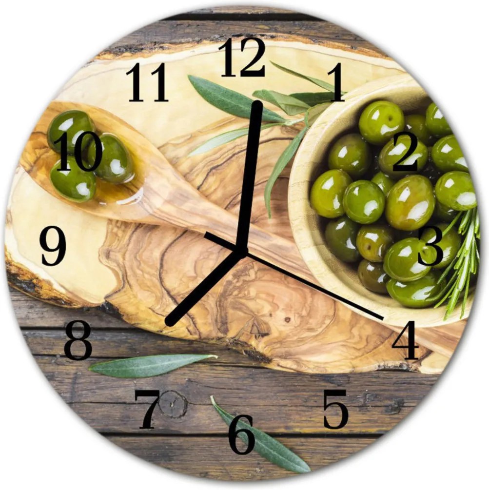 Sklenené hodiny okrúhle  Drevené olivy