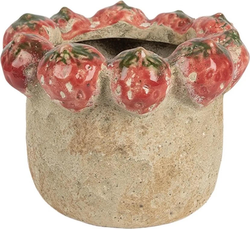 Béžový antik terakotový obal na kvetináč s jahôdkami - Ø 15*12 cm