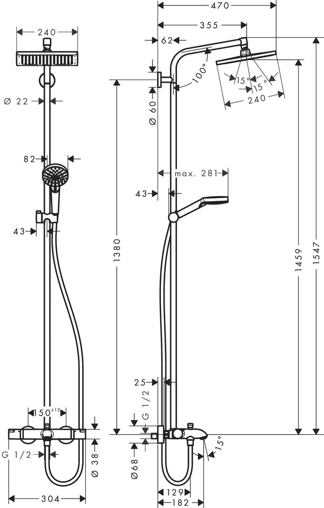 Hansgrohe Crometta E, Showerpipe 240 1jet s vaňovým termostatom, chróm, HAN-27298000