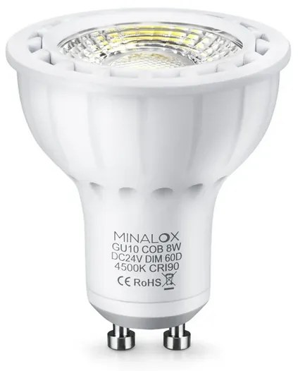 Minalox MNLXLBGU10/8W/24/60/4500 LED bodová žiarovka 8W, GU10, 24V DC, 60°, 640lm, 4500K, neutrálna biela, PWM stmievateľná