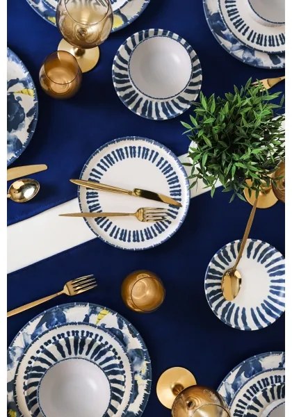 Jedálna súprava 24 ks, bielo-modrá, z kameniny