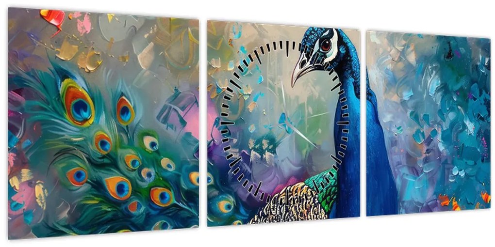 Obraz - Maľba páva (s hodinami) (90x30 cm)