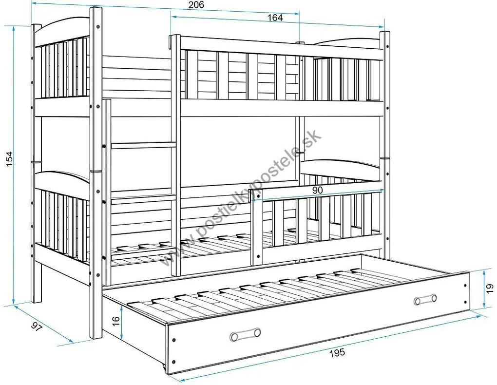 Poschodová posteľ s prístelkou KUBO 3 - 200x90cm Biela - Modrá