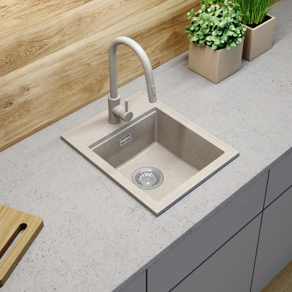 Sink Quality Ferrum New 4050, 1-komorový granitový drez 400x500x185 mm + zlatý sifón, béžová, SKQ-FER.4050.B.XG