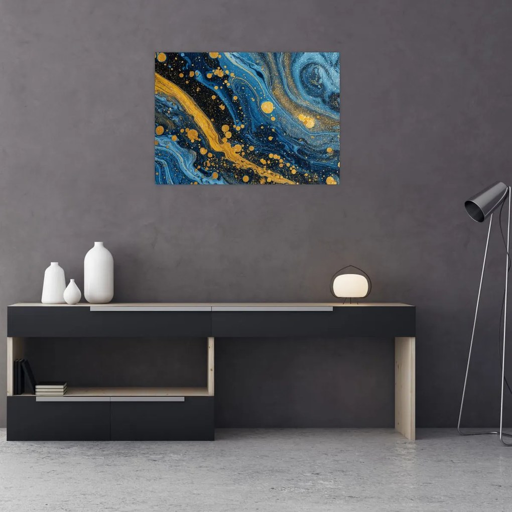 Sklenený obraz - Modrá abstrakcia so zlatom (70x50 cm)