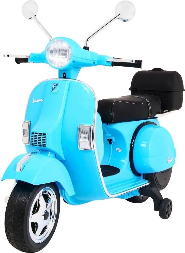 Ramiz Elektrický skúter Vespa pre deti modrý + pomocné kolieska + audio + ekokoža + EVA + plynulý štart