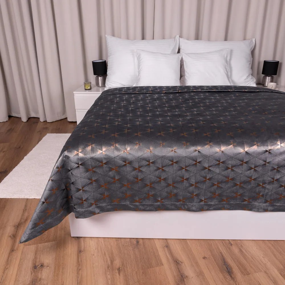 Biante Zamatový prehoz na posteľ Isabela IBL-003 Rose Gold trojuholníky na sivom 220x240 cm