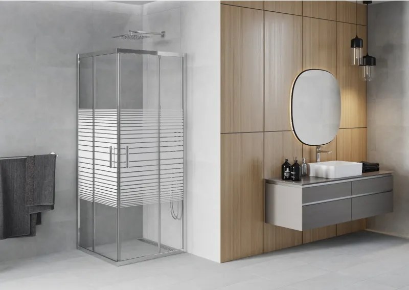 Mexen Rio, štvorcový sprchovací kút s posuvnými dverami 80(dvere) x 80(dvere) x 190 cm, 6mm číre sklo s pásikmi, chrómový profil, 860-080-080-01-20