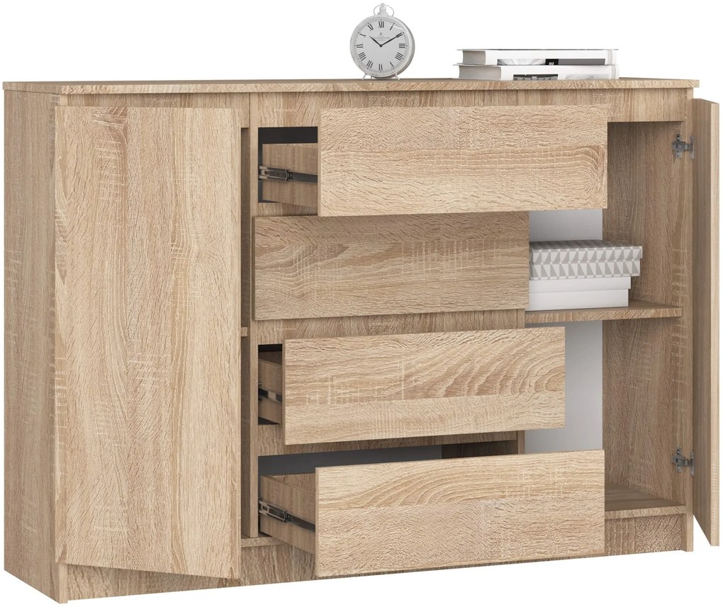 Komoda Kryštof 140 cm 2 skrinky a 4 zásuvky dub sonoma