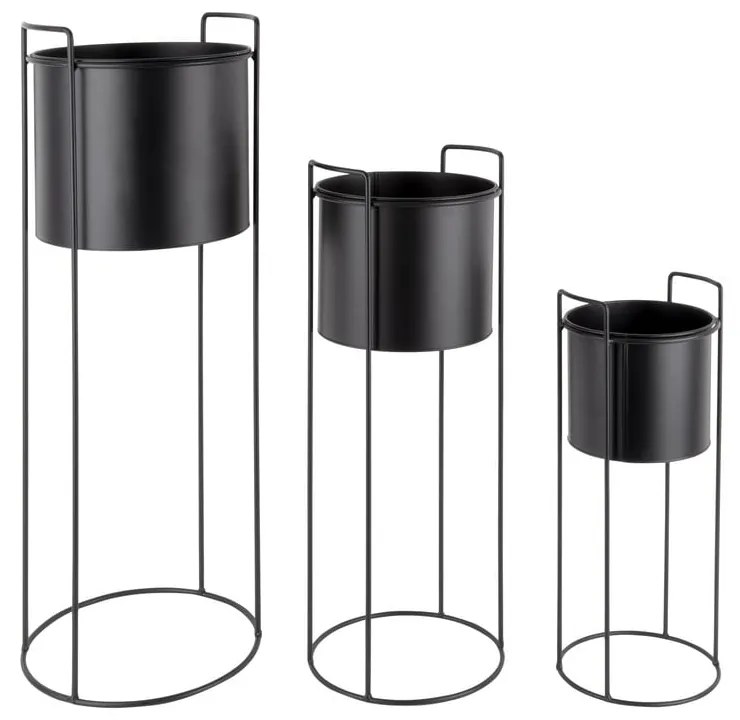 Súprava 3 čiernych železných kvetináčov na podstavci PT LIVING Essence